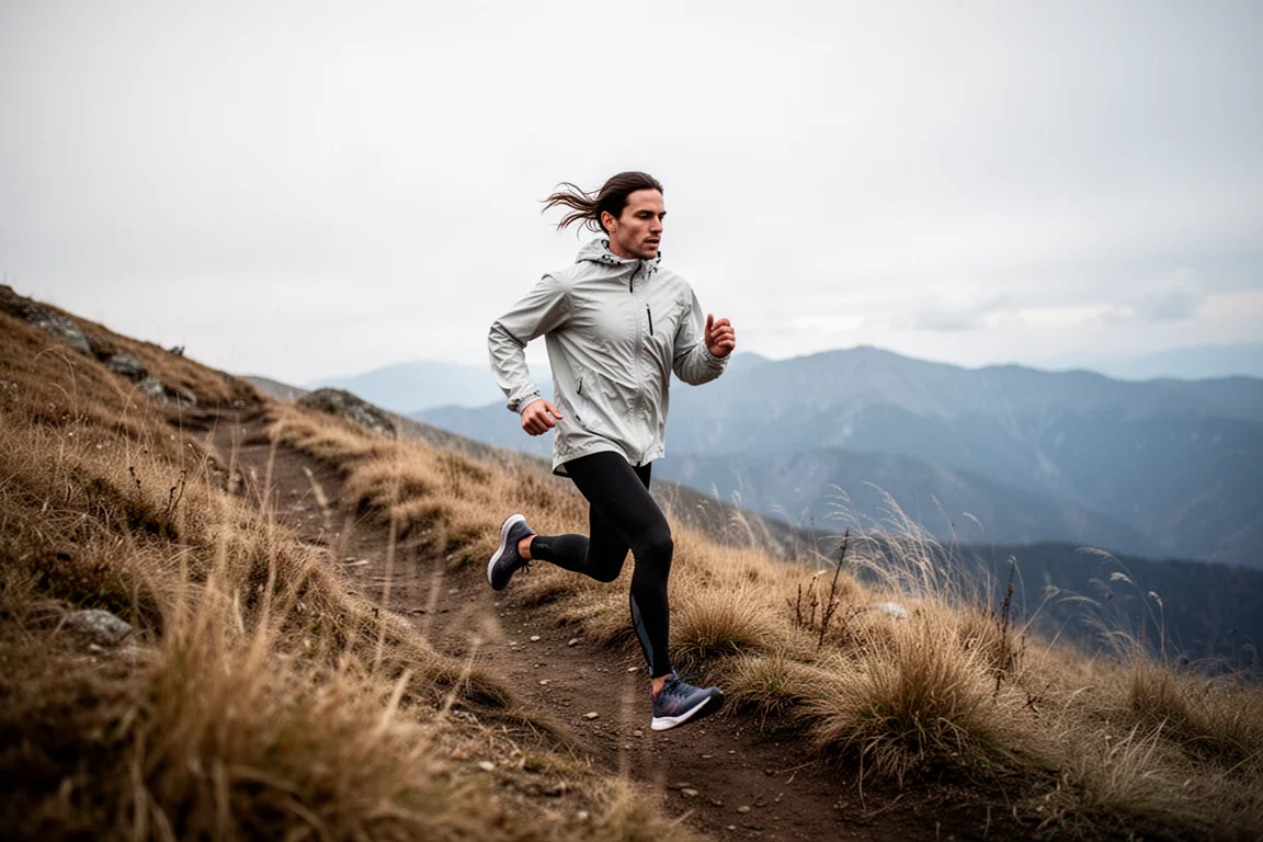 Un corridore procede lungo un sentiero di montagna in una giornata fresca e ventilata