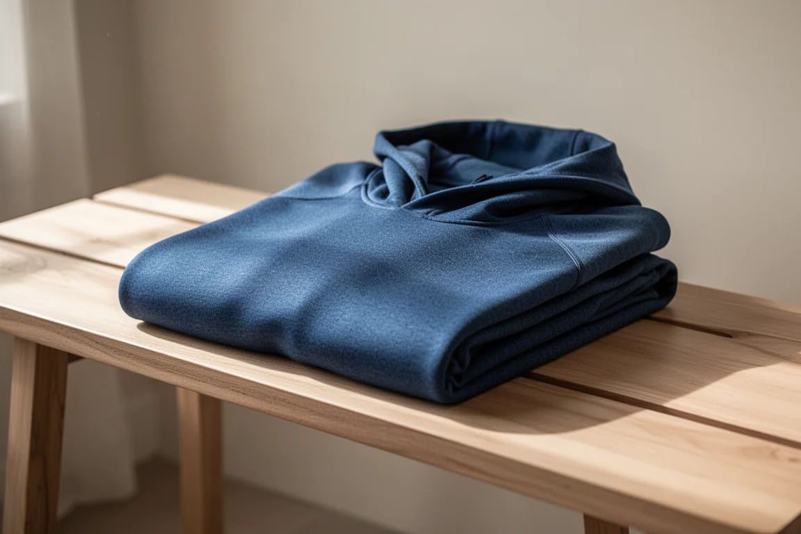 Un hoodie tecnico blu scuro piegato appoggiato su una panca di legno