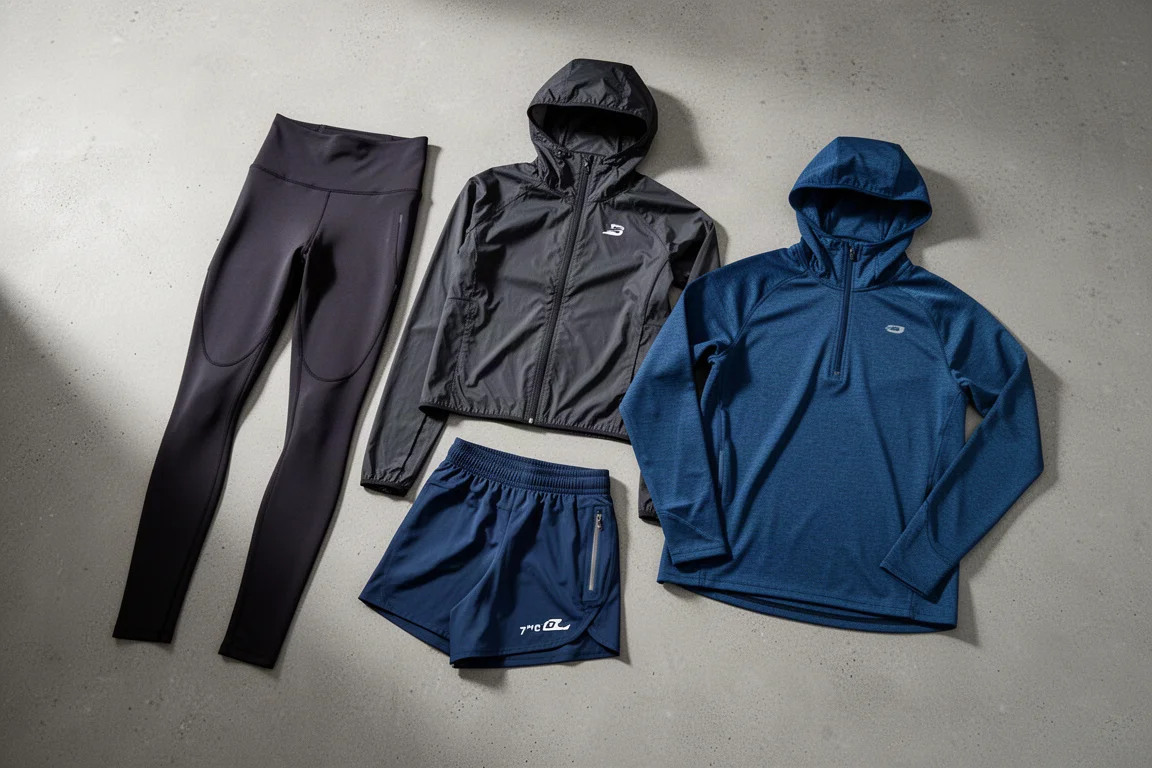 Four East Bay running apparel pieces arranged on a concrete surface