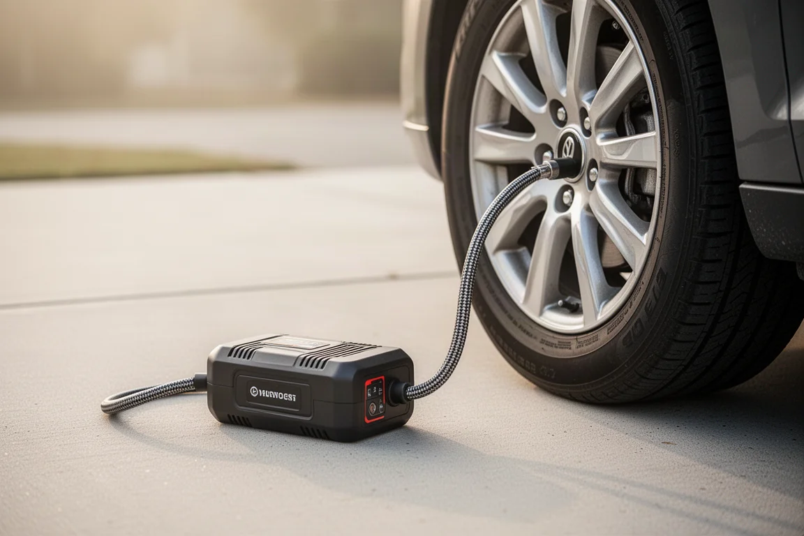 Inflador de pneus portátil sem fio conectado ao pneu de um carro em uma garagem