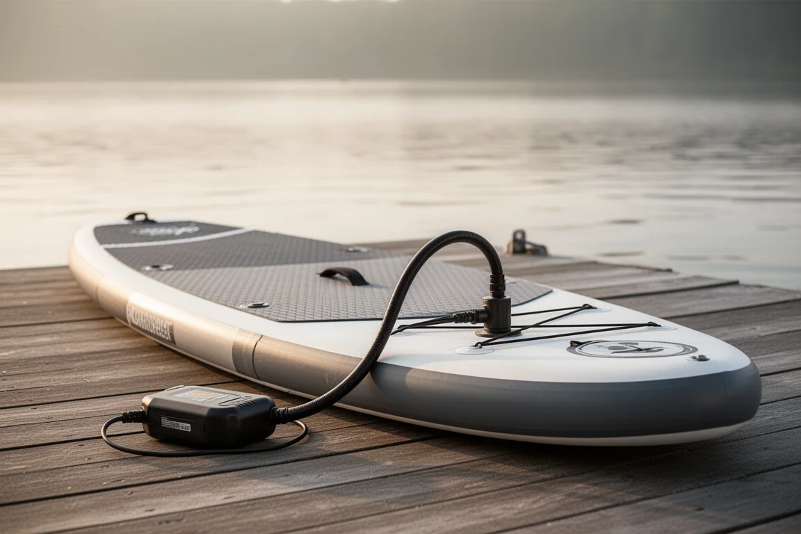 Mangueira do inflador acoplada à válvula de uma prancha de stand-up paddle em um deque de madeira
