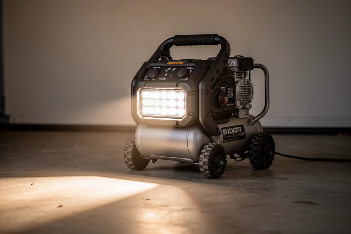 Luz de trabalho LED brilhante na parte frontal do inflador projetando um feixe no piso da garagem