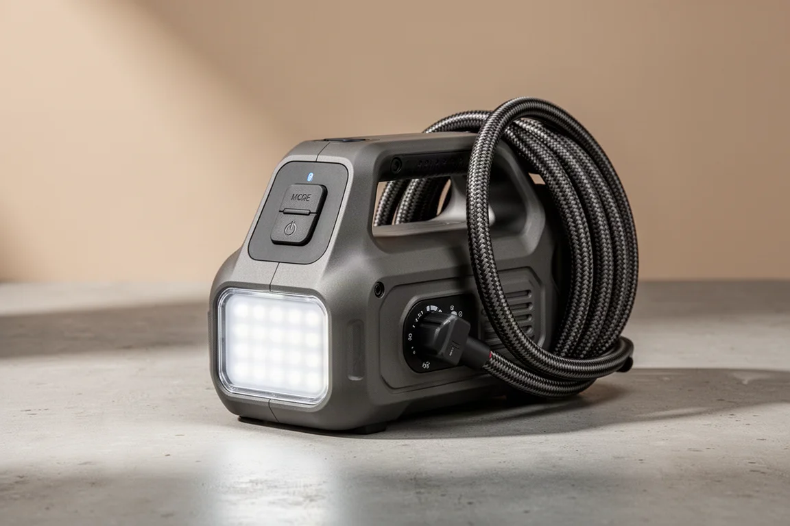 Eaton Wolf portable tire inflator with coiled hose and control panel on concrete