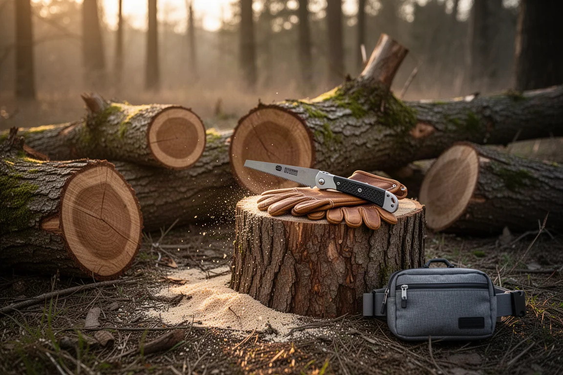 Personne agenouillée près d'une branche d'arbre tombée sur un terrain boisé, portant une petite pochette grise au bas du dos