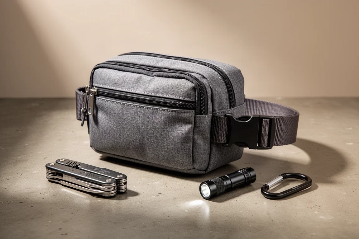 Compact gray multi-wear EDC pouch with webbing belt on a matte concrete surface