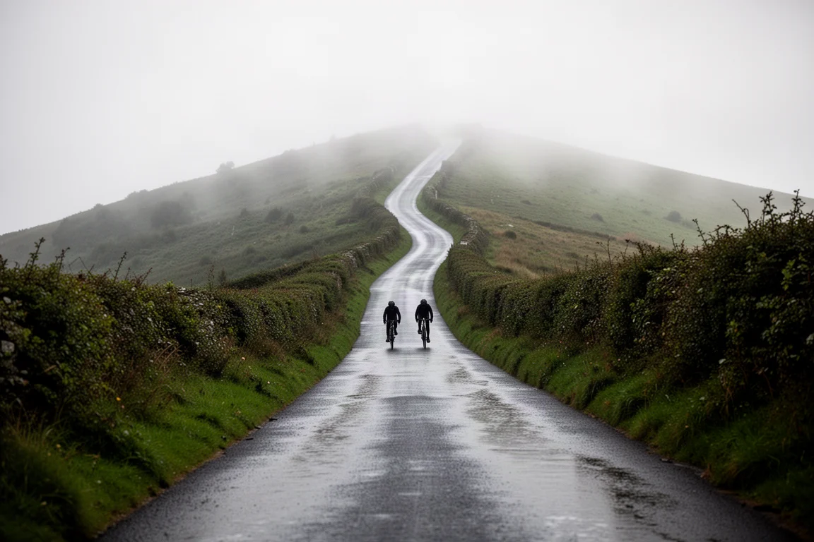 Dos ciclistas subiendo una empinada carretera de asfalto entre setos y niebla