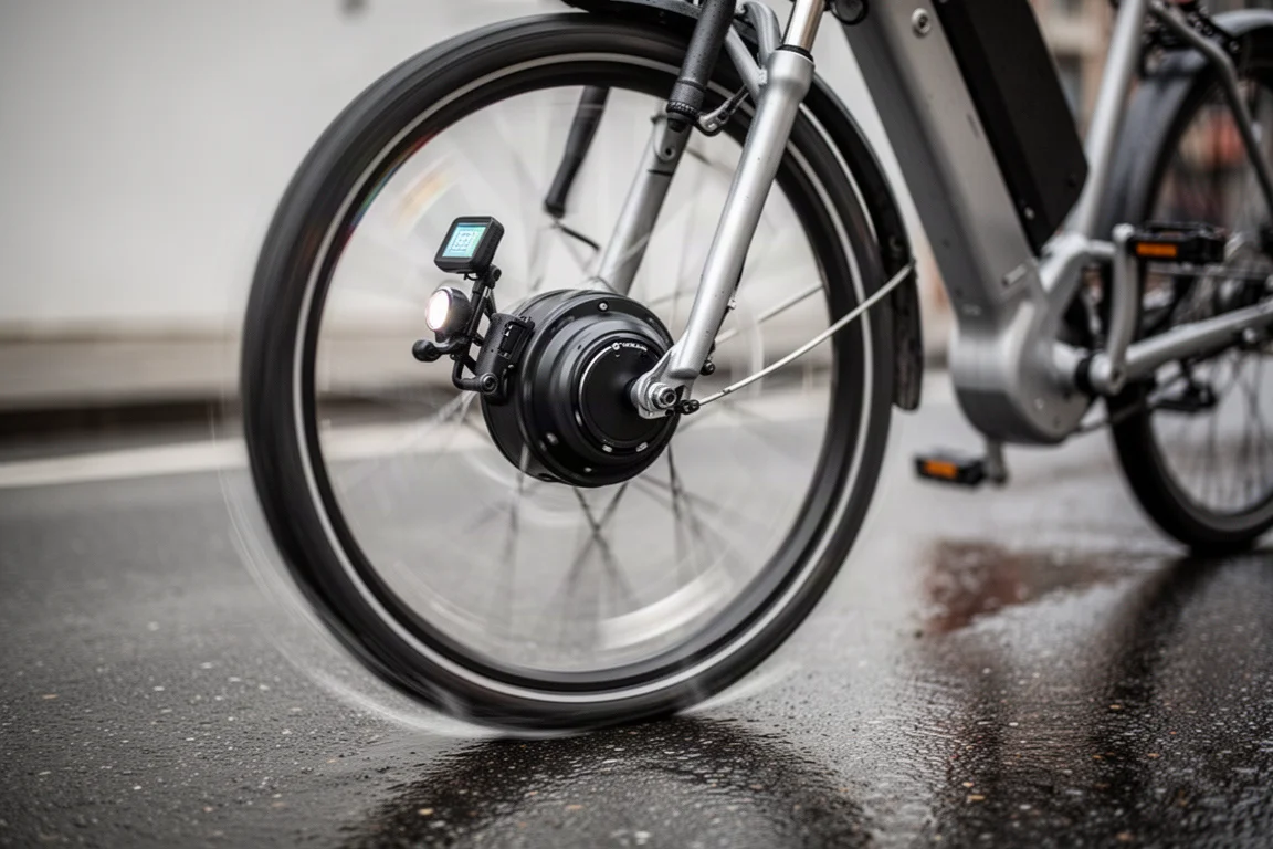 Rueda delantera de bicicleta con un compacto motor de buje girando en una calle urbana mojada