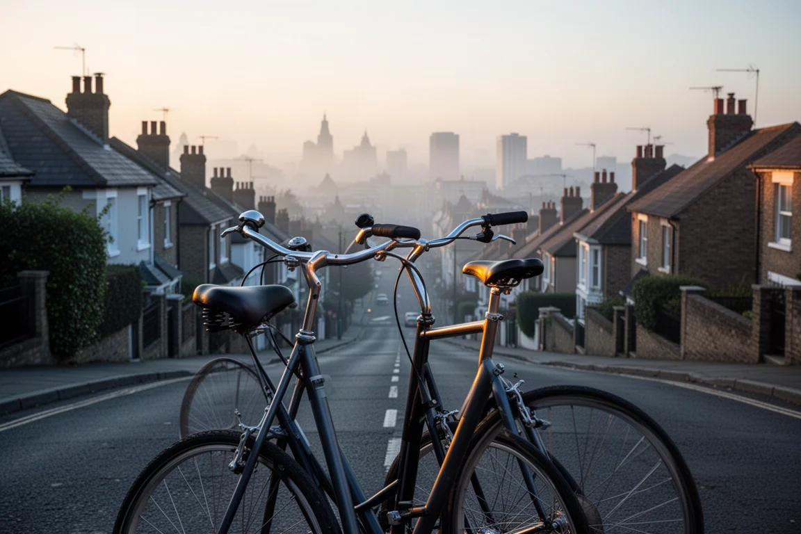 Bicicleta de desplazamiento diario aparcada en lo alto de una calle empinada al amanecer