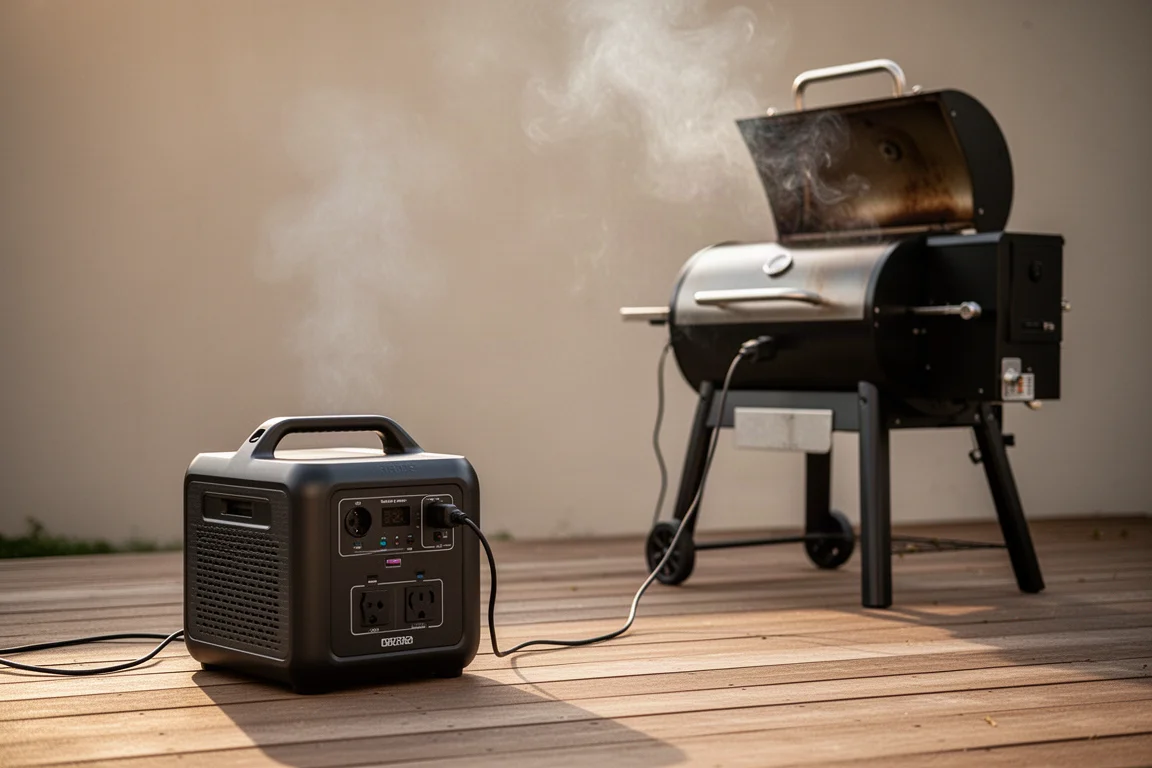 Portable power station running a pellet grill during an outdoor cookout