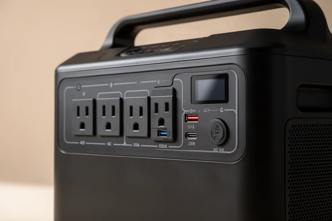Close-up of a power station front panel showing AC, USB, and DC ports