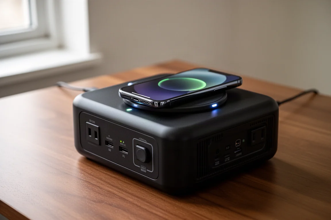 Smartphone resting on the wireless charging pad on top of a power station