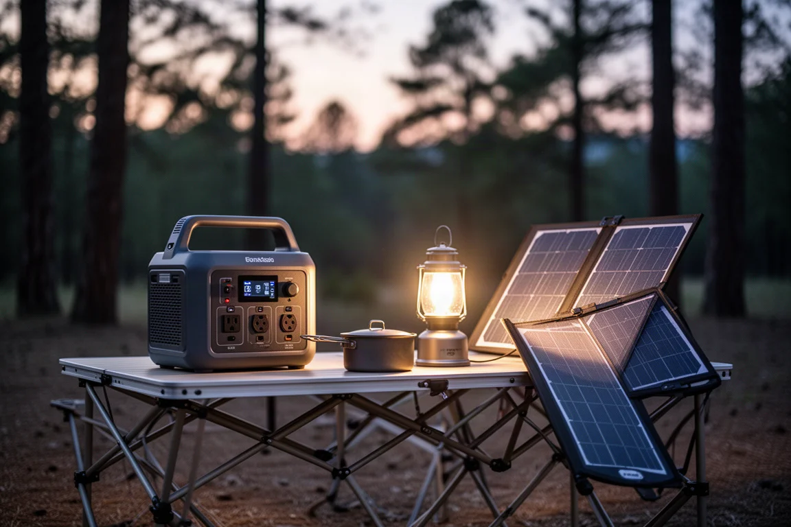Camping scene at dusk with a power station and folding solar panel nearby