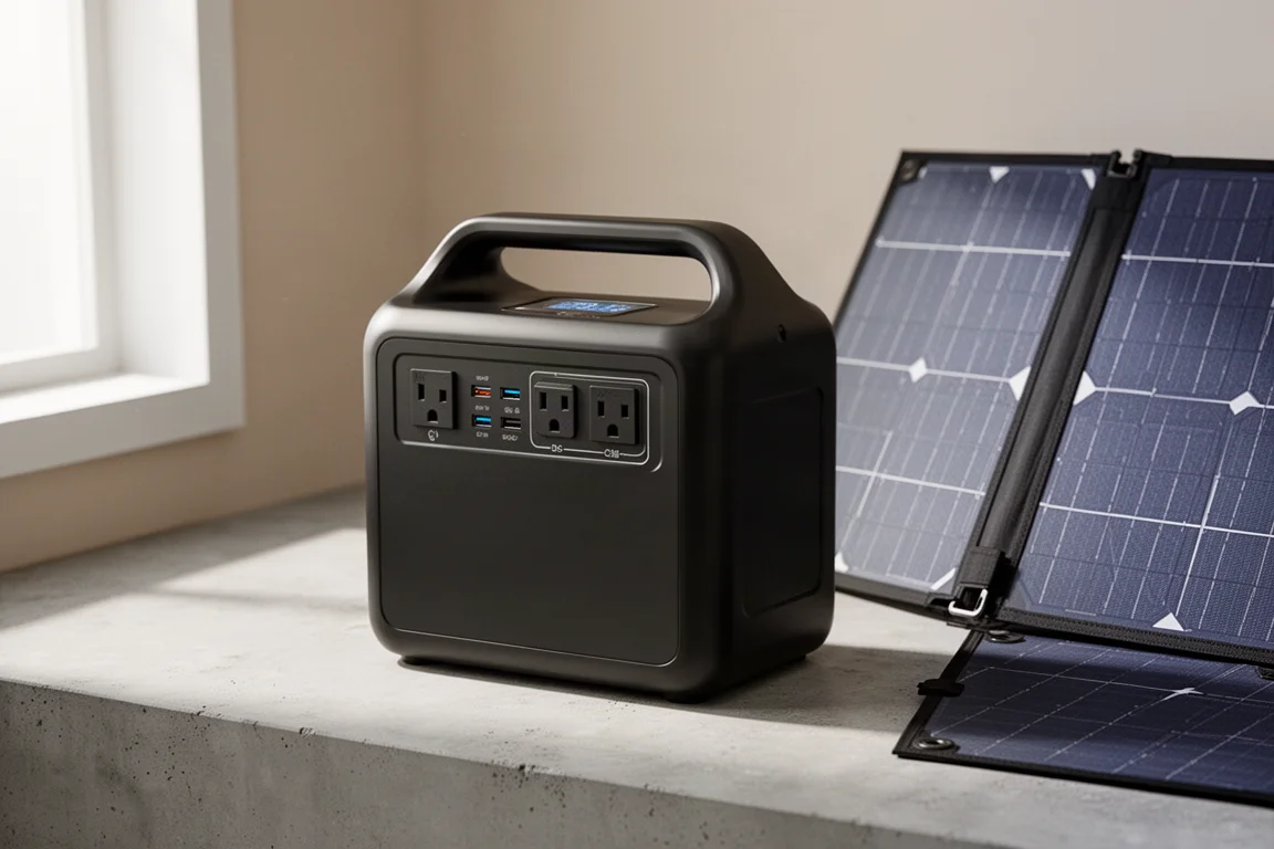 EBL MP1000 portable power station on a concrete surface beside a solar panel
