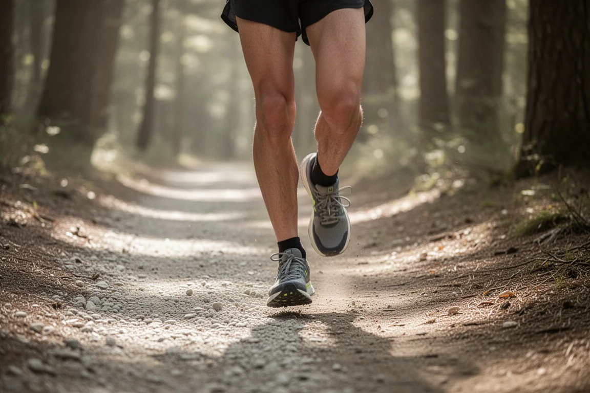 Trail runner on a woodland path surrounded by dappled sunlight