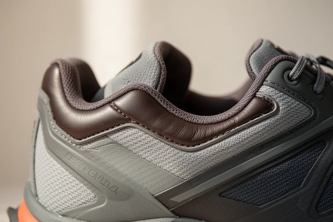 Close-up of a trail shoe upper showing layered textile and soft leather