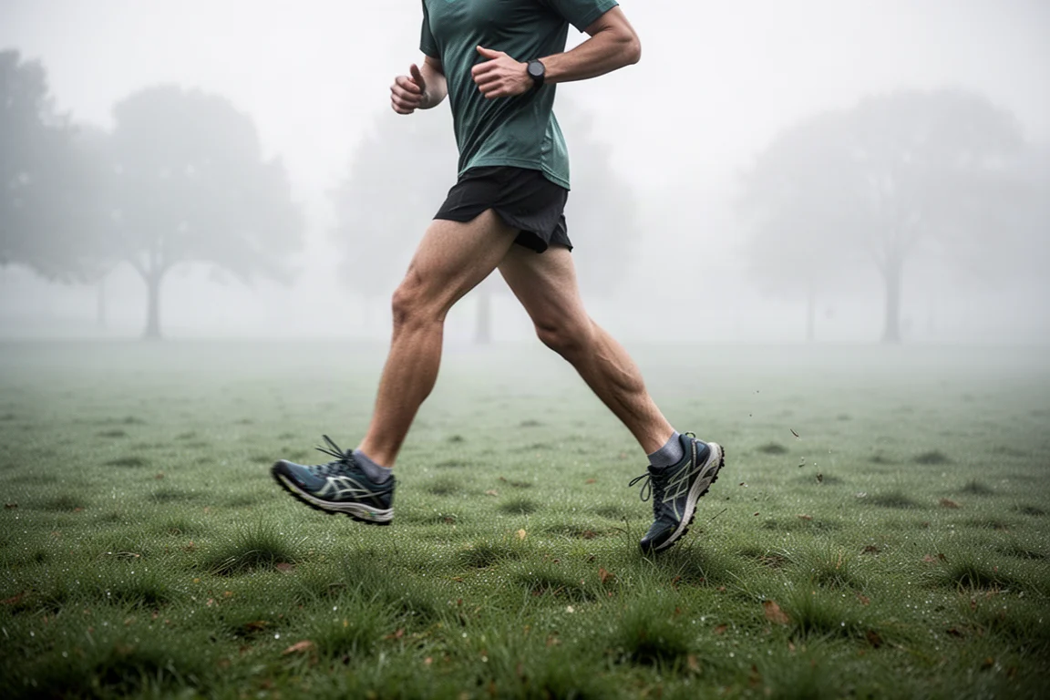 Runner crossing a grassy parkland trail in early morning light