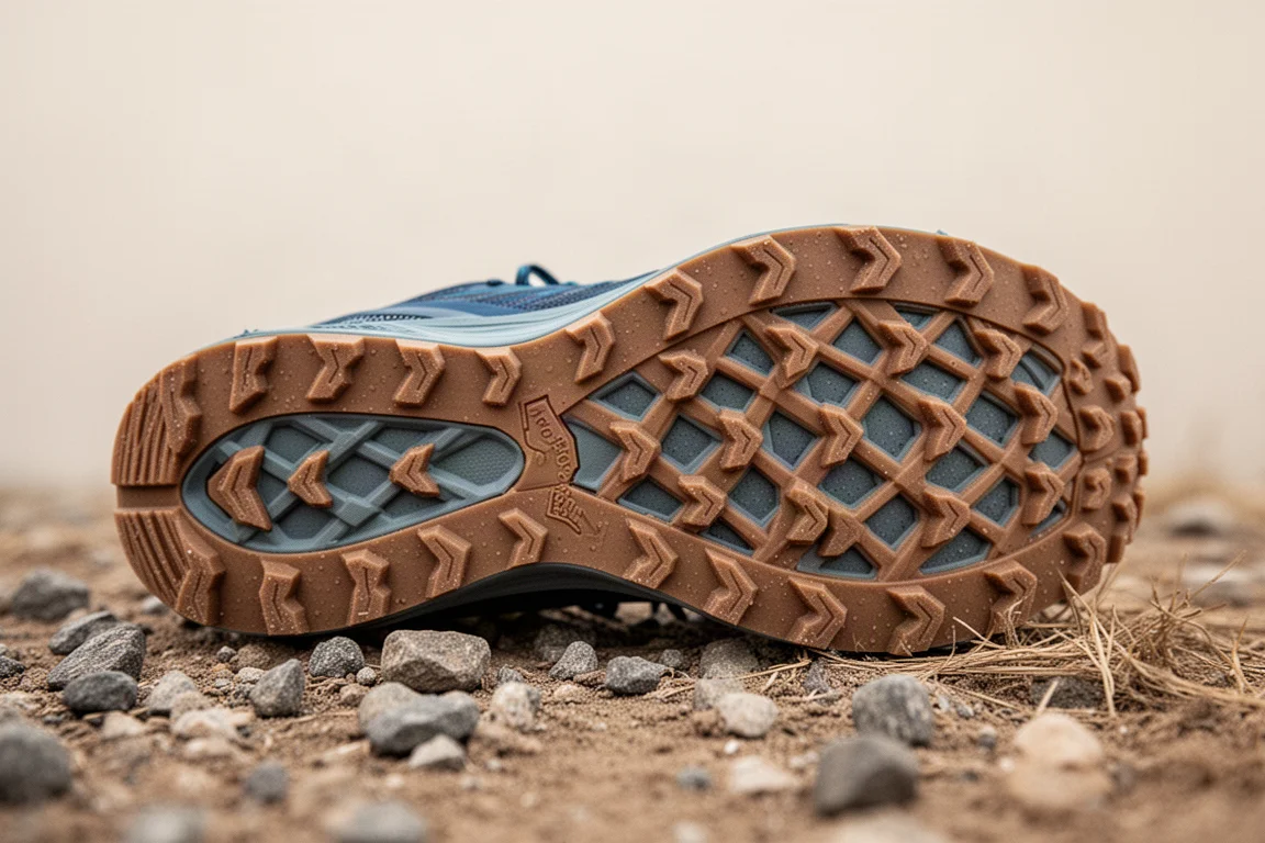 Close-up of a rubber outsole with lattice lug pattern resting on gravel