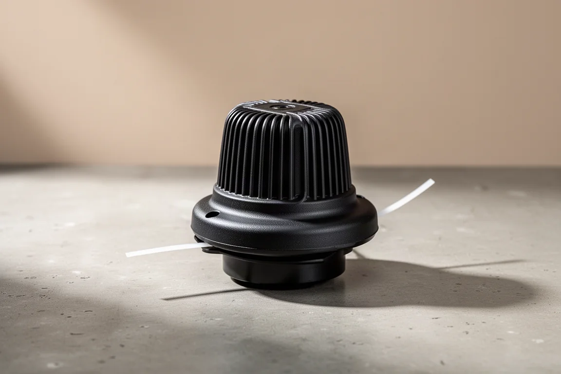 Black string trimmer bump head with white line on a concrete surface