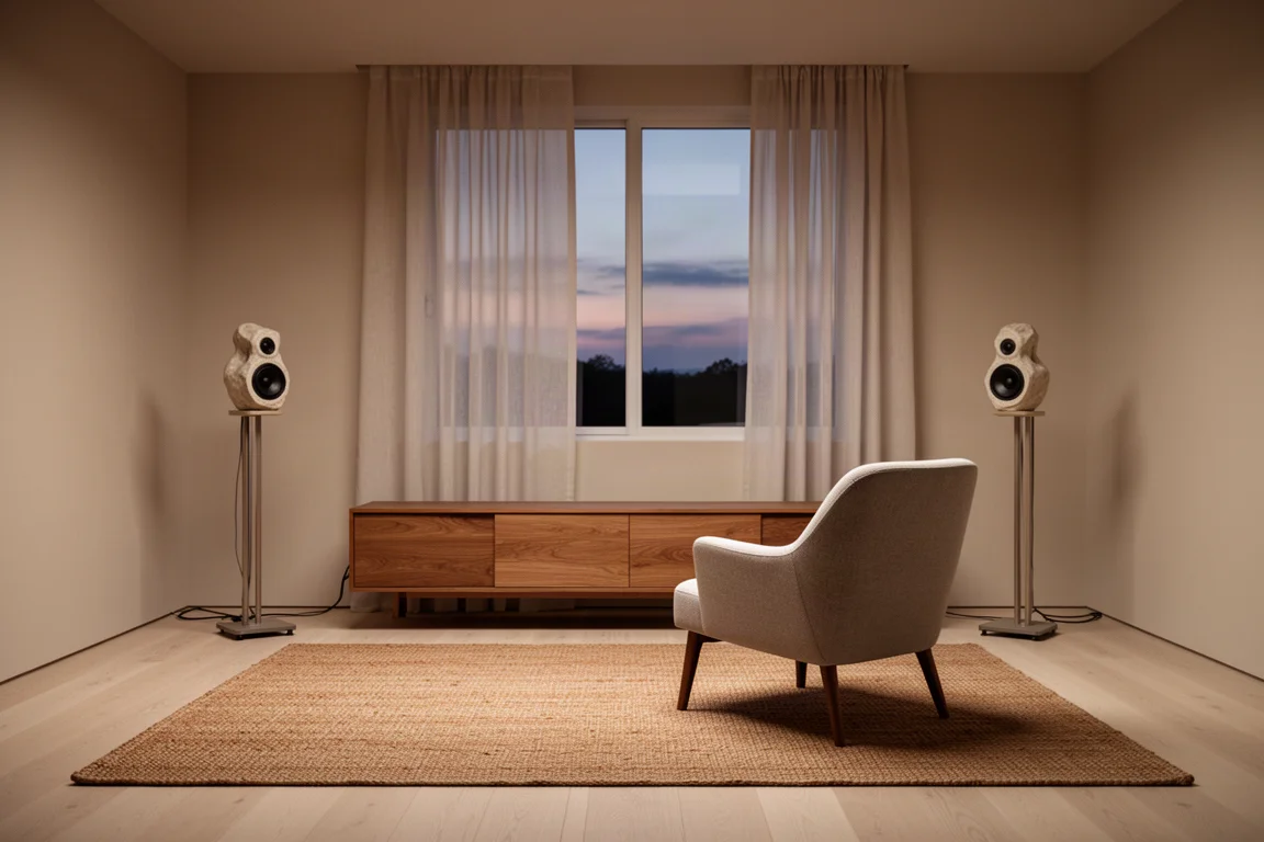Sala de escucha minimalista al atardecer con dos altavoces pequeños sobre soportes y un aparador bajo de madera