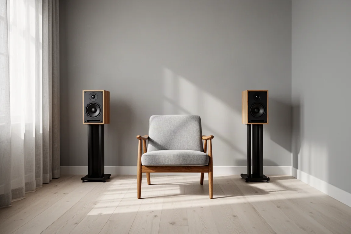 Sillón de estilo mid-century en la posición de escucha frente a dos altavoces compactos sobre soportes