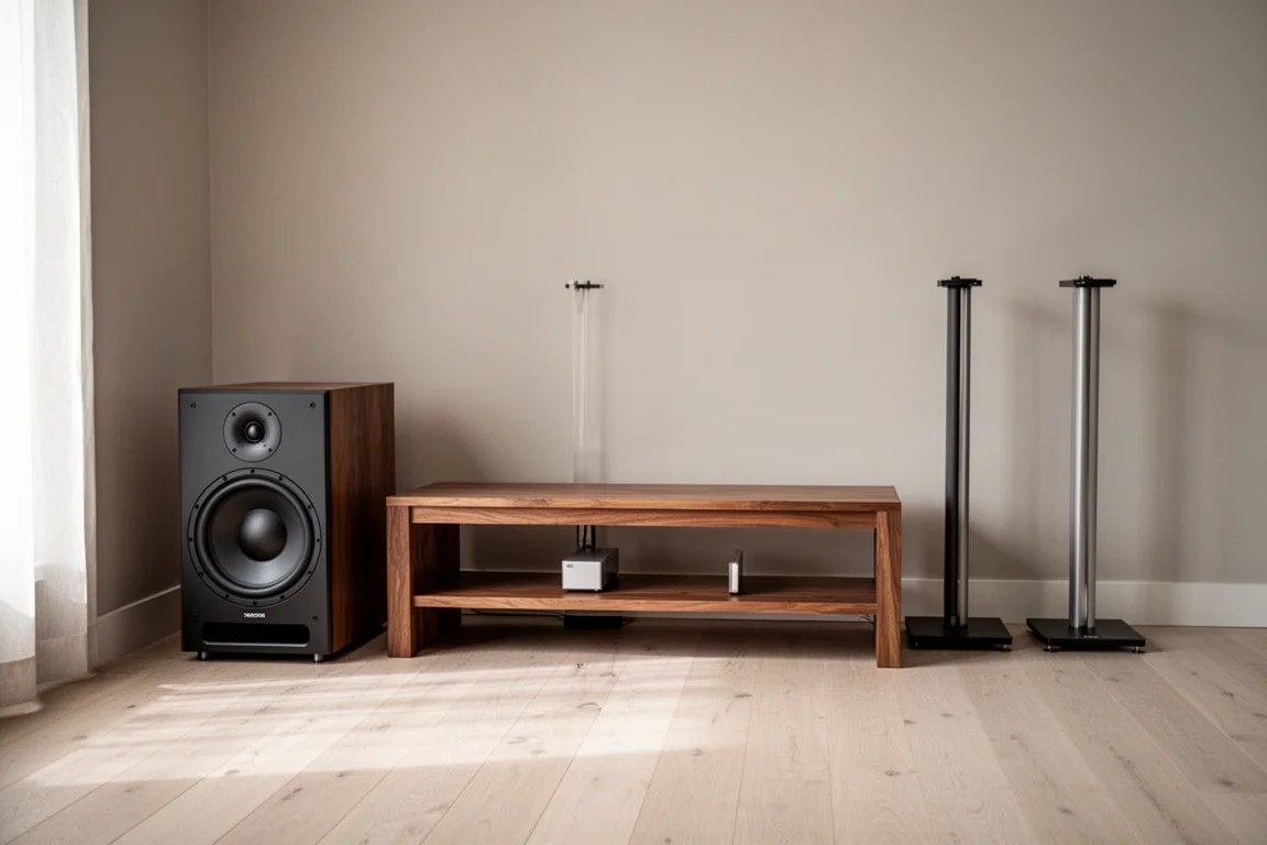 Subwoofer compacto junto a una estantería baja de madera con soportes de altavoz delgados al fondo