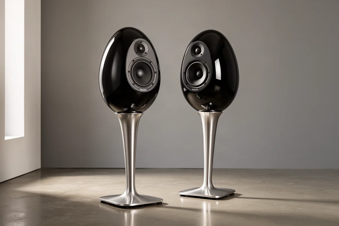 Pair of egg-shaped Eclipse TD 510 Z speakers on aluminium stands in a minimal room