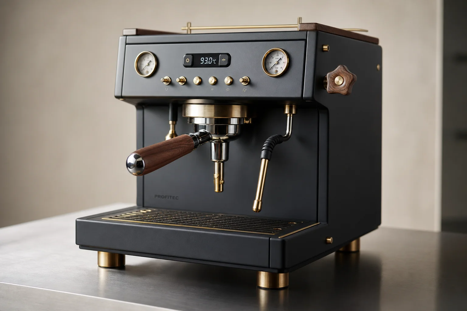 Five home espresso machines arranged in a line on concrete surface