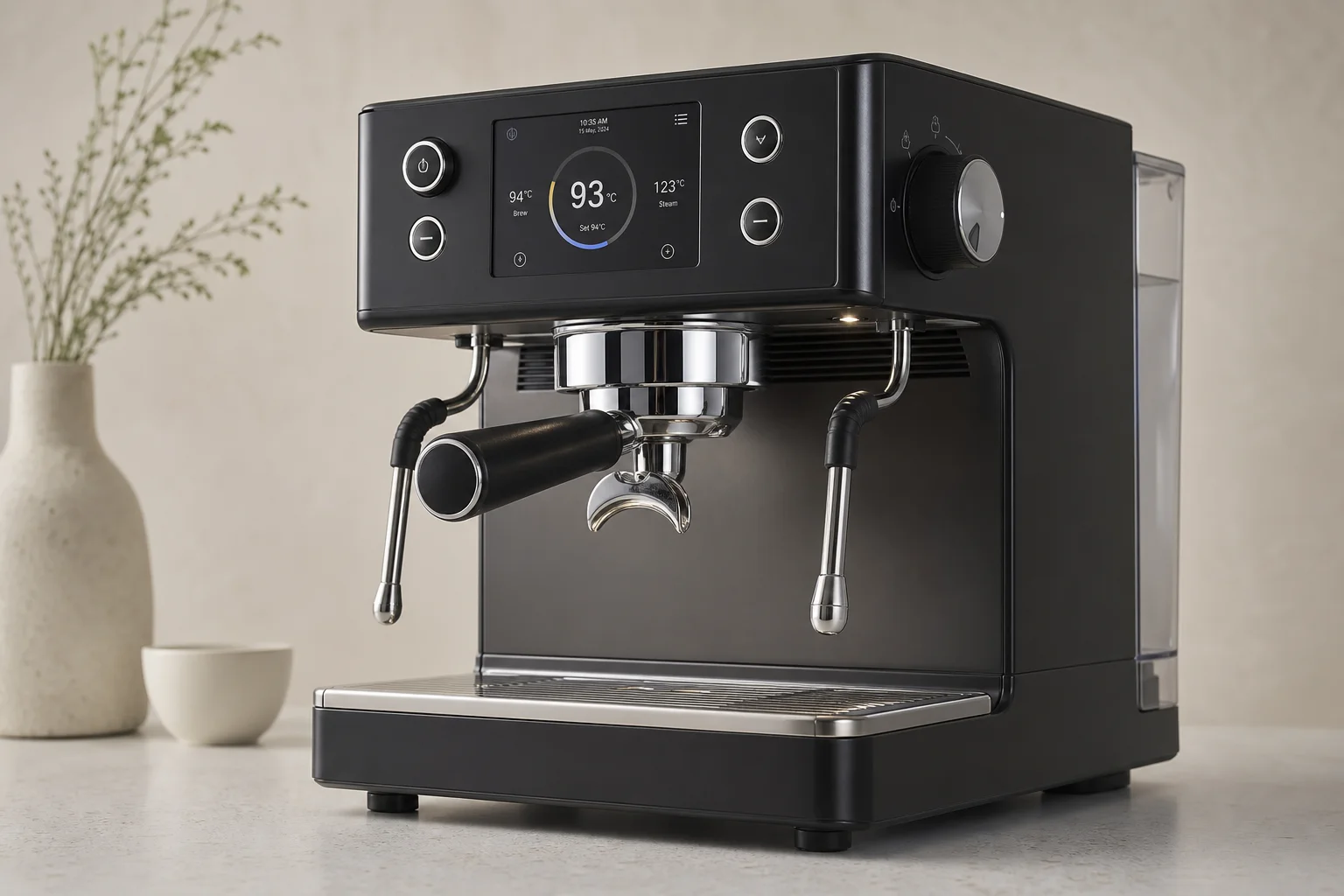 Vier Espresso Maschinen auf neutralem Hintergrund: Rocket R58 Tune, ECM Estetika, ECM Discover und Lelit Mara X3