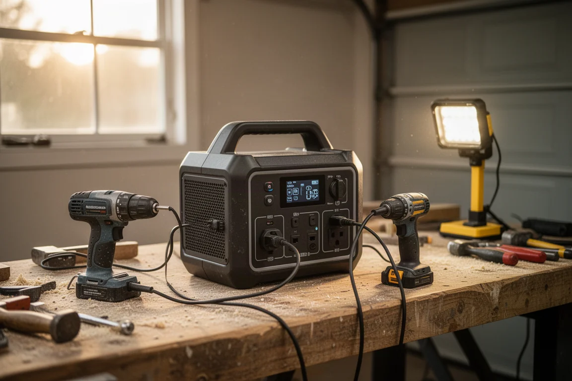 Tragbare Powerstation, die in einer Werkstatt an einer Werkbank Elektrowerkzeuge versorgt
