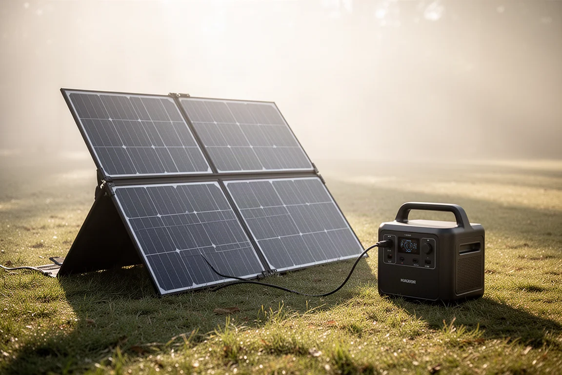 Solarmodul, das an einem hellen Tag draußen mit einer tragbaren Powerstation verbunden ist