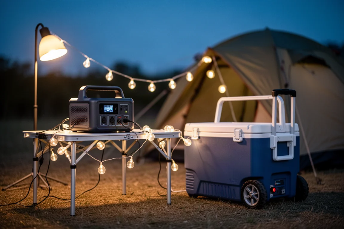 Camping-Szene in der Dämmerung mit einer Powerstation, die Lichter und eine Kühlbox versorgt