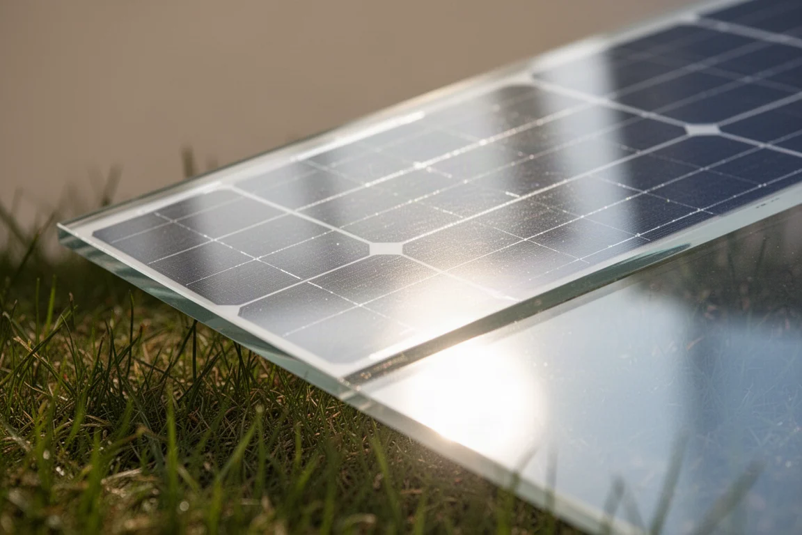 Närbild på en semi-transparent bifacial solpanel vinklad mot solljus med ljus som reflekteras från ytan
