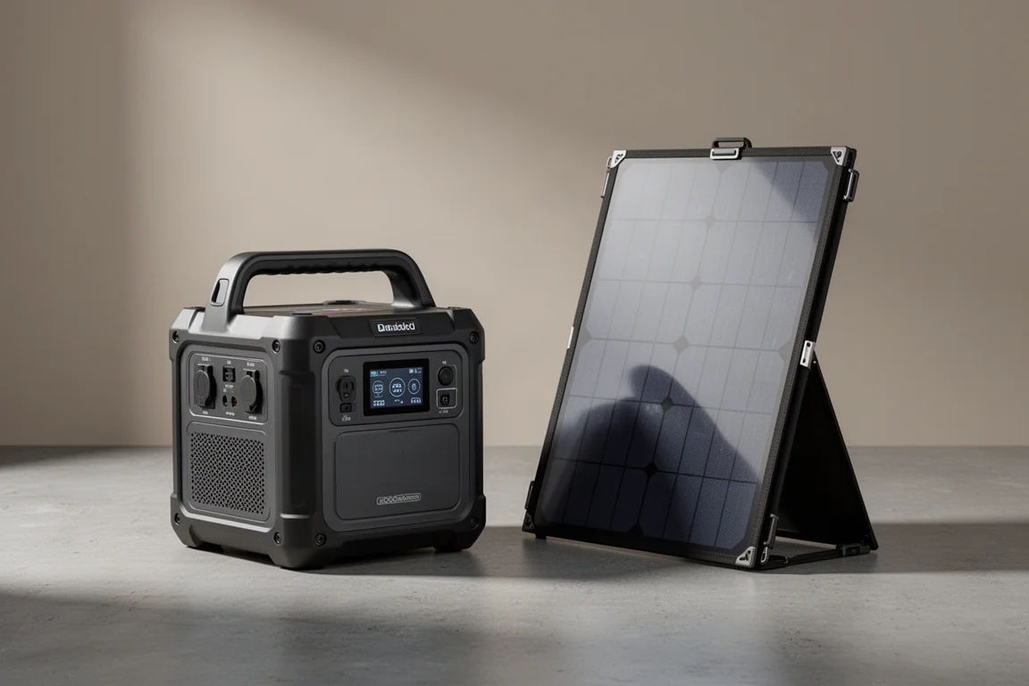 EcoFlow Delta 2 Max power station next to a bifacial solar panel on a concrete surface