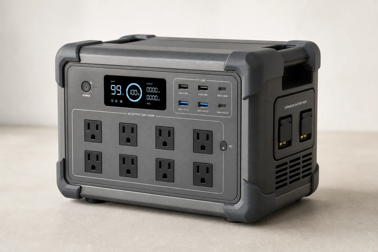Nine portable power stations arranged by size from compact to large on concrete surface