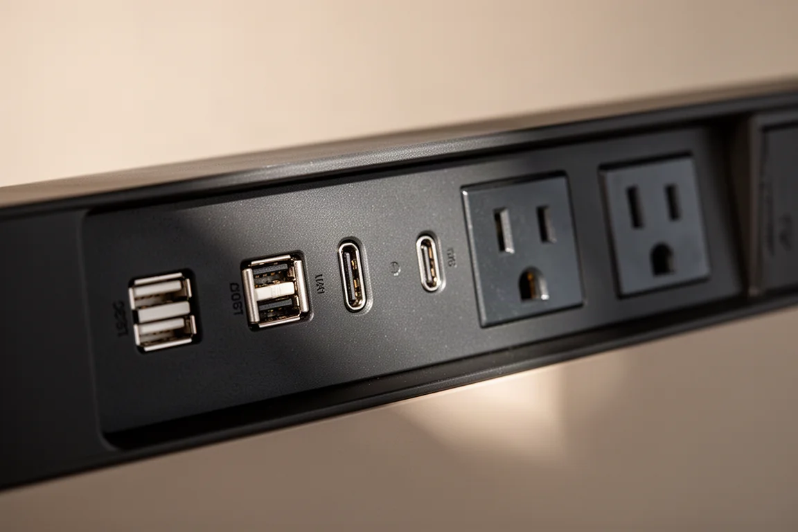Zbliżenie na porty wyjściowe USB i AC na panelu stacji zasilania