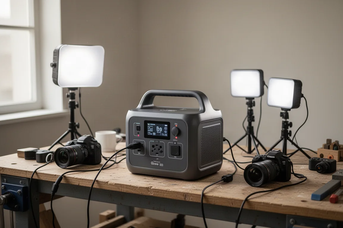 Bärbar kraftstation som driver kameraljus på ett arbetsbord