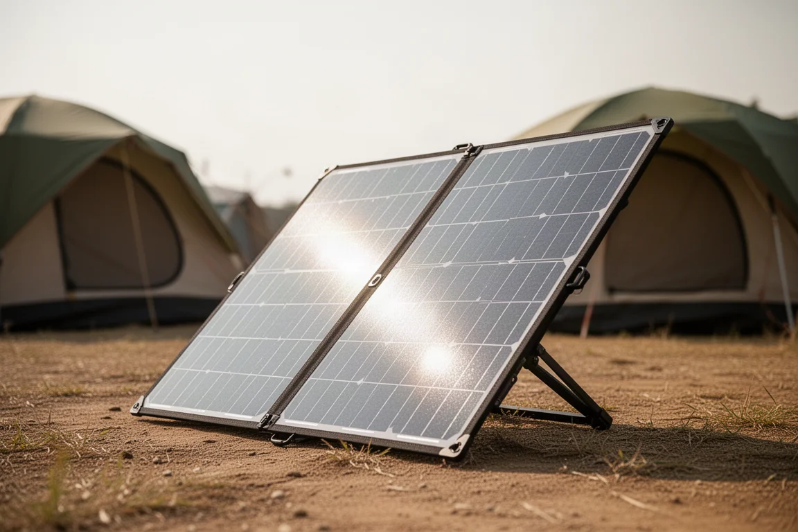 Solpanel vinklad mot solen på en öppen campingplats