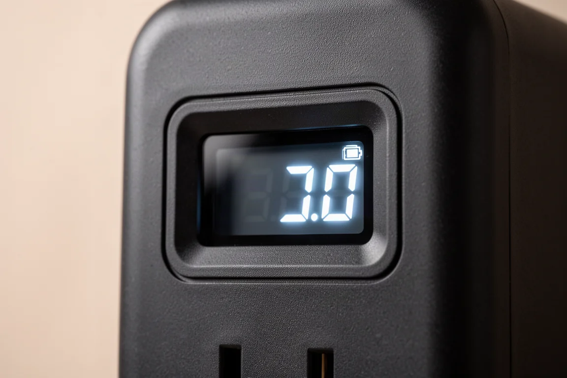 Kraftstationens display som visar återstående batteritid