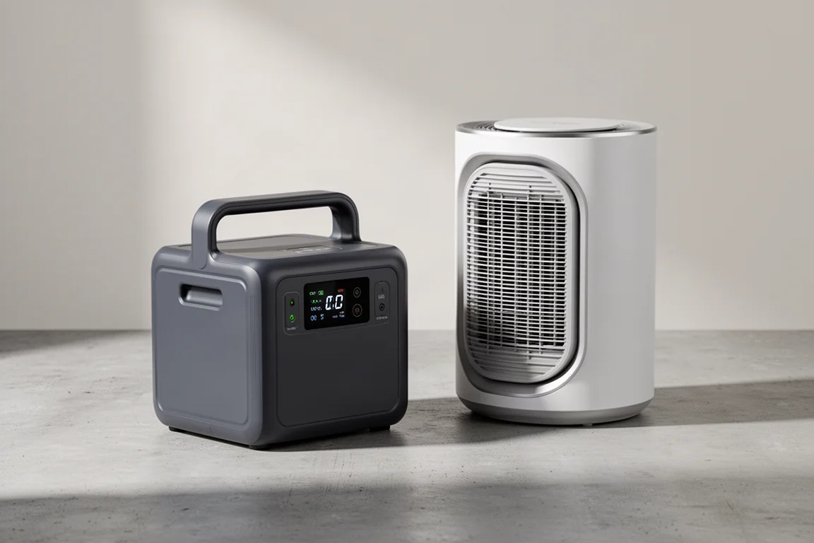 EcoFlow Delta 2 power station and Wave 2 portable air conditioner on concrete surface