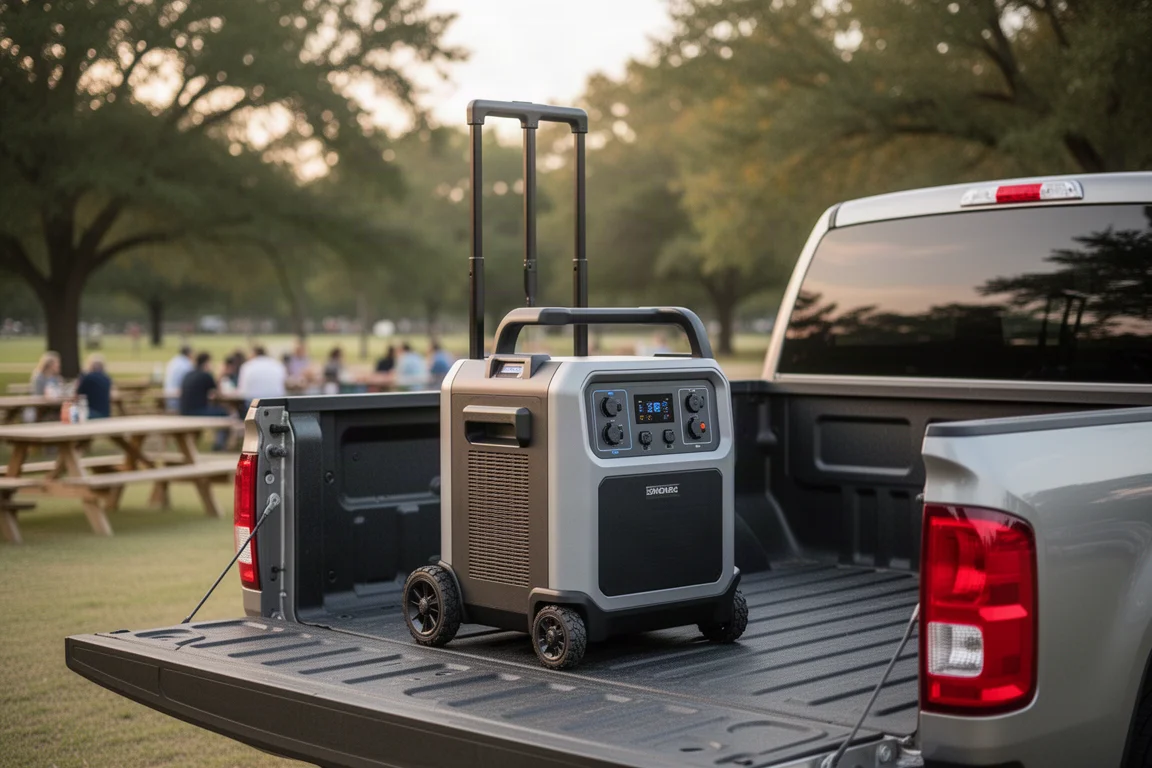 アウトドアイベントでピックアップトラックの荷台に積まれた大型のキャスター付きポータブル電源