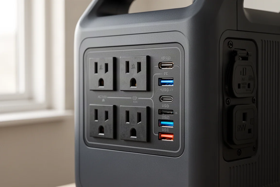 ポータブル電源のコンセントパネルをアップで撮影したもので、ACソケットとUSBポートが見える