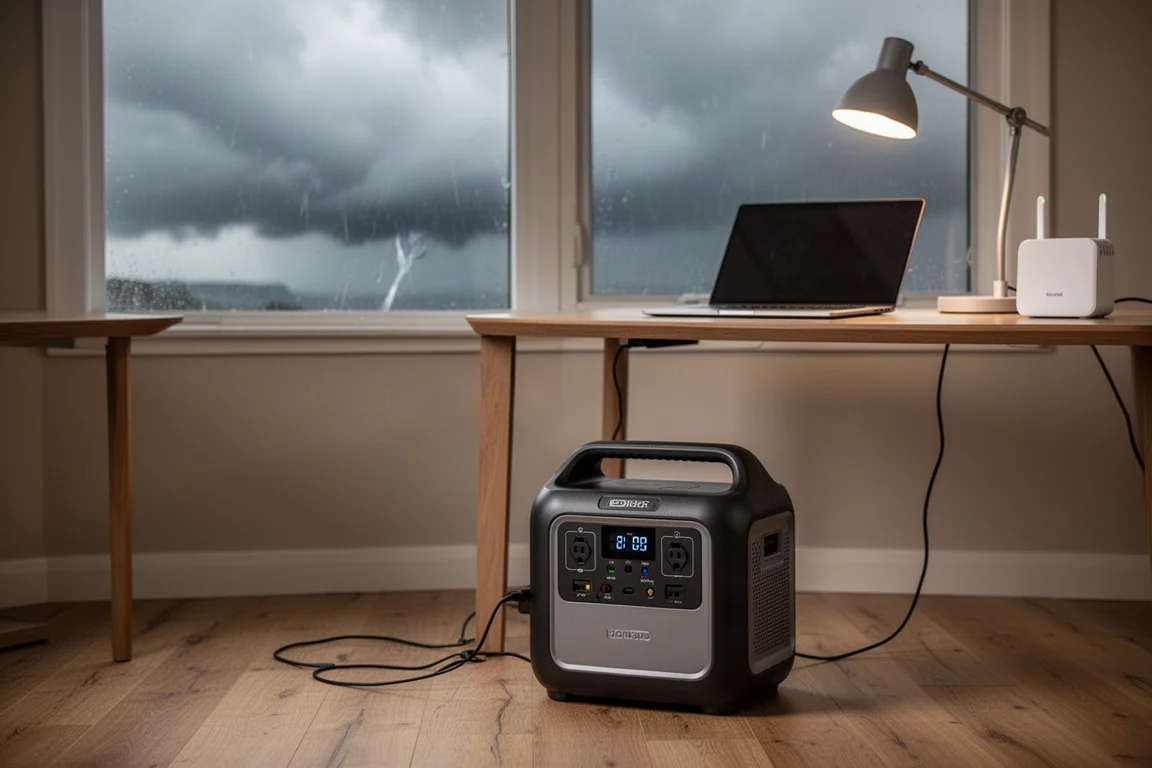 停電時に家庭のデスク上の機器へ電力を供給する中型ポータブル電源