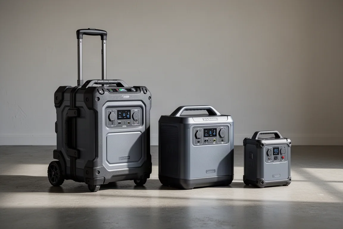 Three portable power stations of decreasing size lined up on a concrete floor