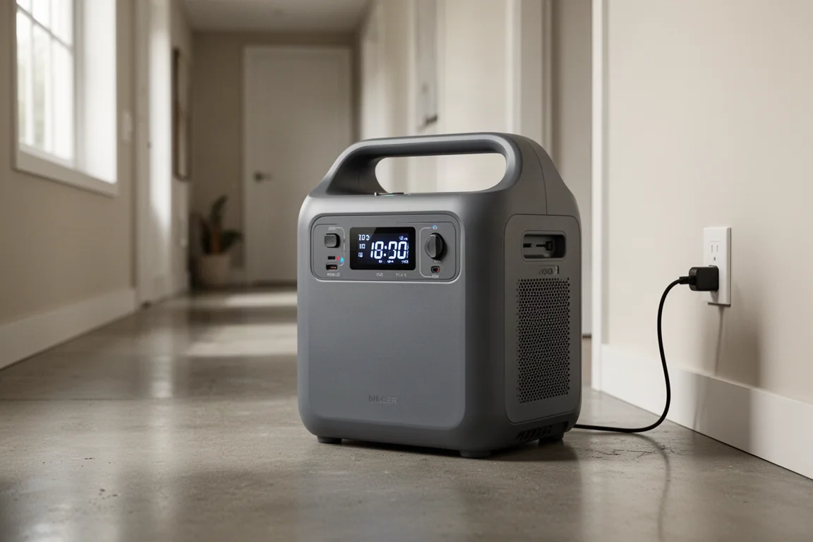 Tragbare Powerstation auf einem Betonboden mit beleuchtetem Digitaldisplay