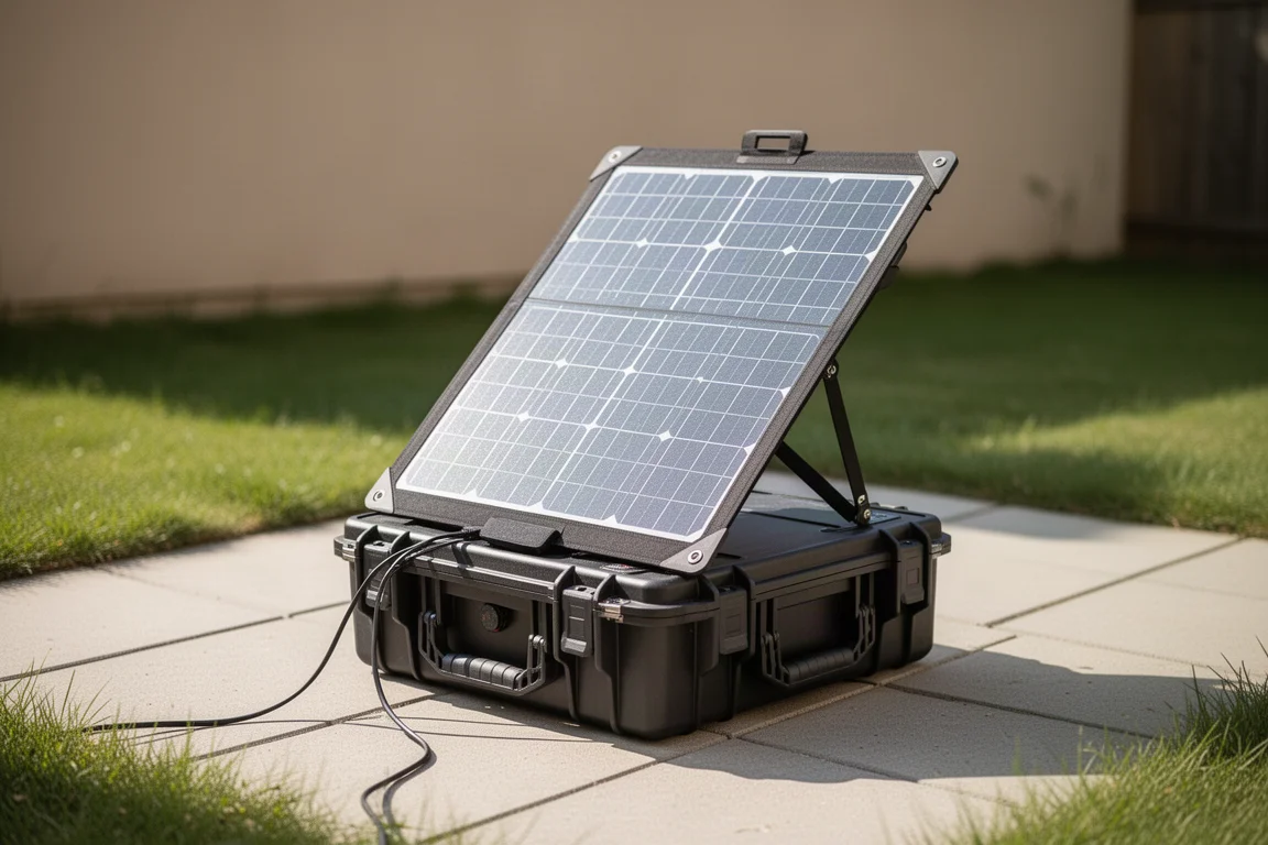 Faltbares Solarpanel im direkten Sonnenlicht auf seinem Tragekoffer aufgespannt