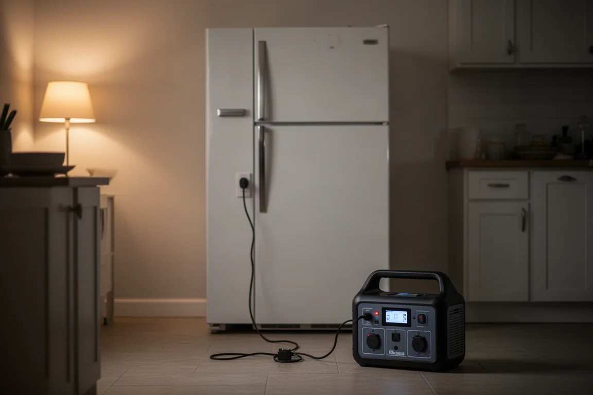 Kühlschrank und Gefrierschrank in einer Hausküche während eines Stromausfalls im Betrieb