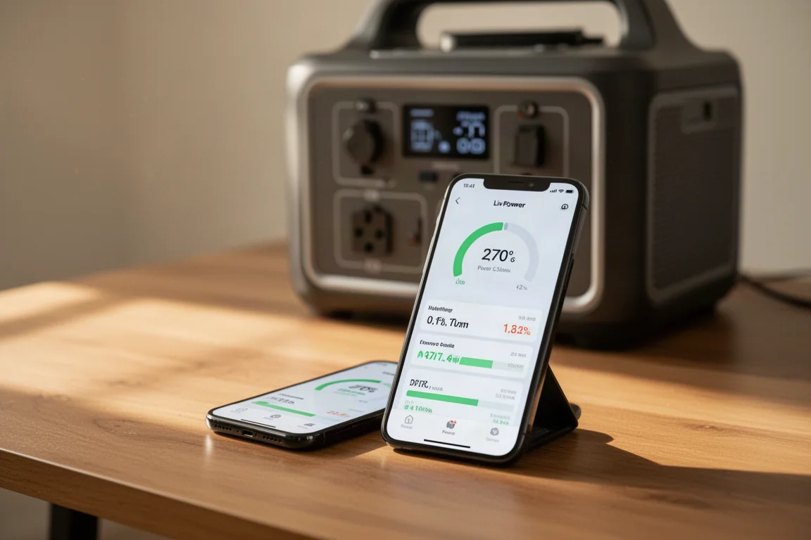 Smartphone zeigt eine Companion-App der Powerstation mit Live-Ladewerten