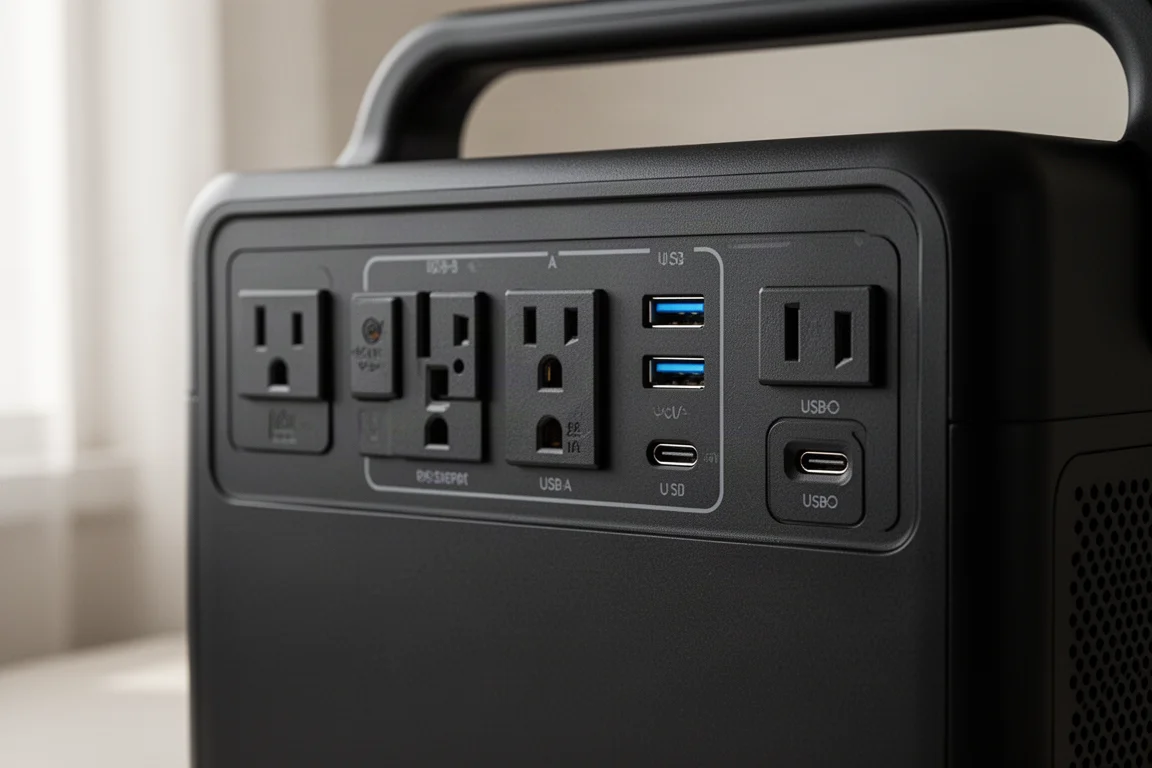 Nahaufnahme der Anschlüsse der Powerstation, darunter USB-C- und AC-Ports