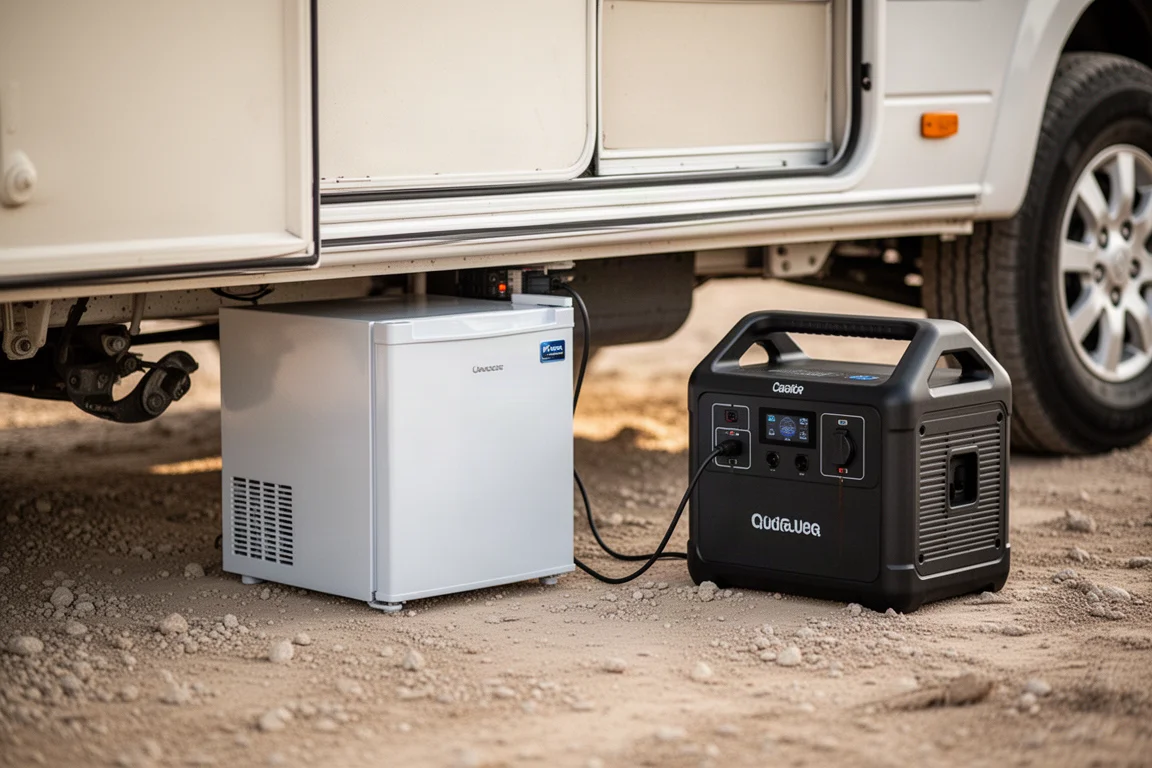 Tragbare Powerstation, die unter einem Wohnmobil mit einem Kühlschrank verbunden ist