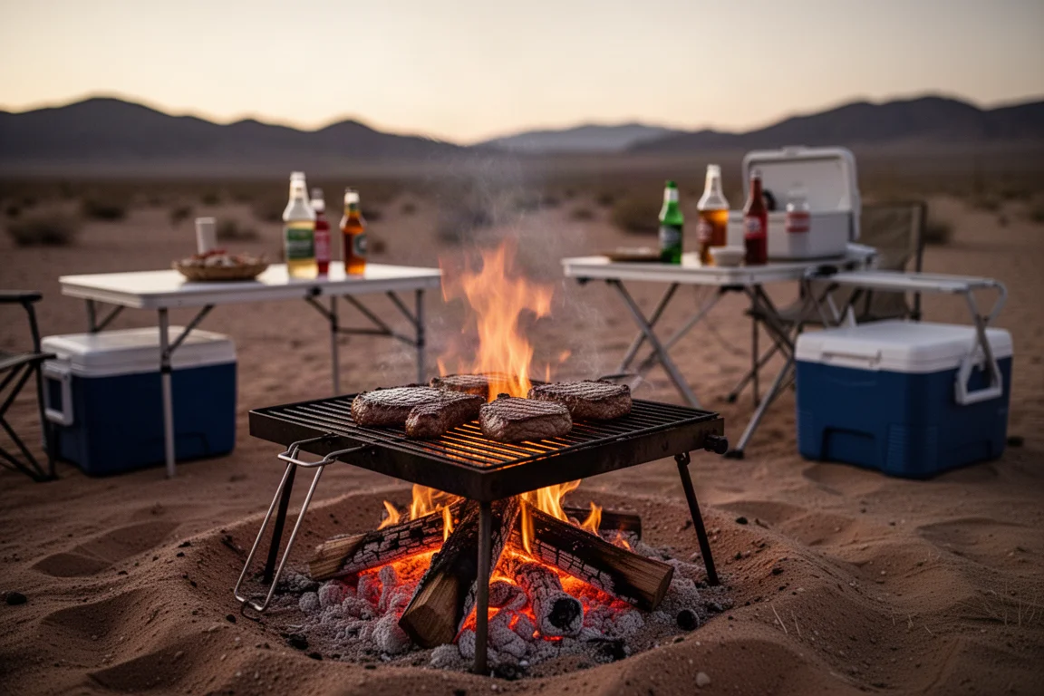 Kochen am Lagerfeuer in der Wüste mit Steaks über offenem Feuer in der Abenddämmerung
